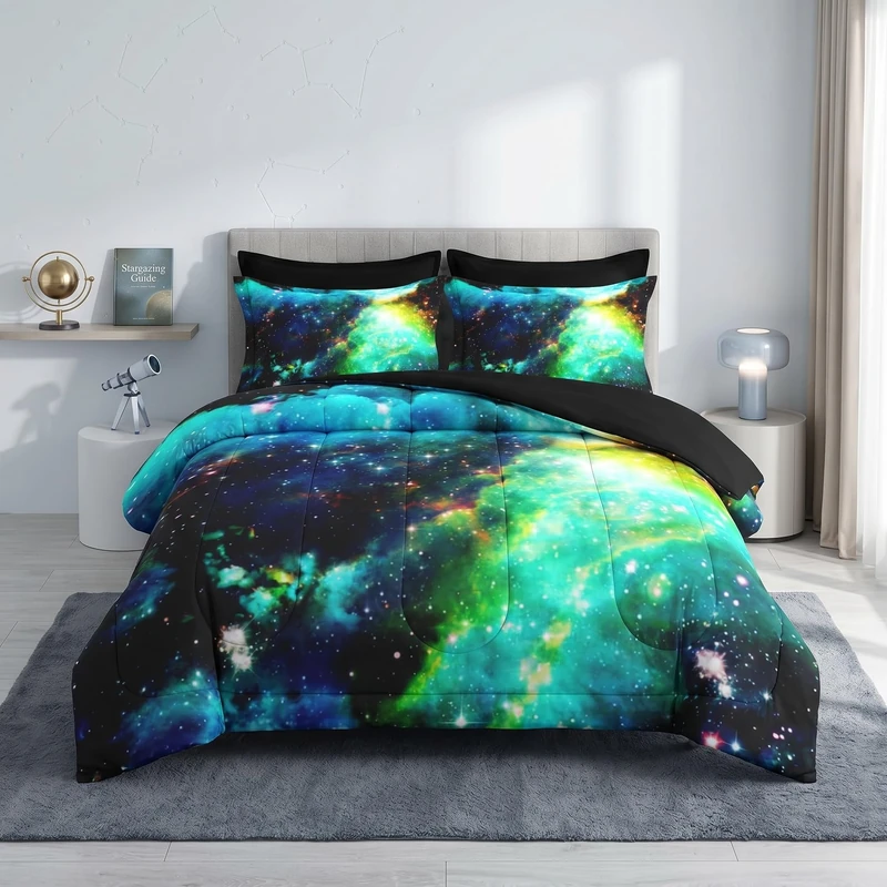 Pamnest Comforter Set Queen Size, Space Blue Star Bedding for Kids and Adults, Science Galaxy Astrology Bed Sheet Sets with Fitted Sheet 2 Pillowcases & 2 Shams for Bedroom Bed Decor