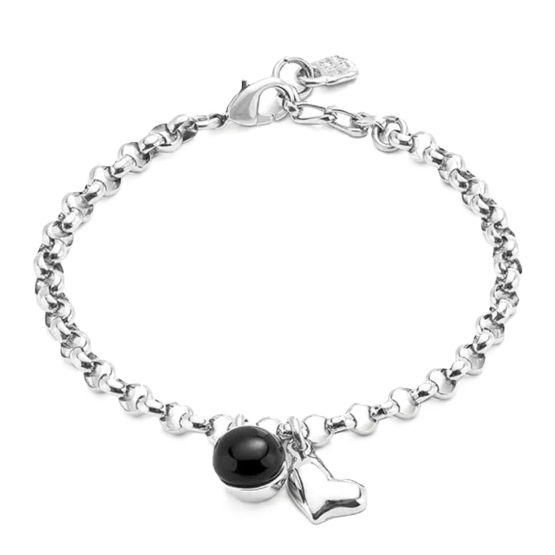 UNO DE 50 Bracelet Chain in Alloy of Metal Plated in Silver of Sterling with Charm Corazon and Murano Black Min Perimeter 15,7 Max Perimeter 17 - Image 1