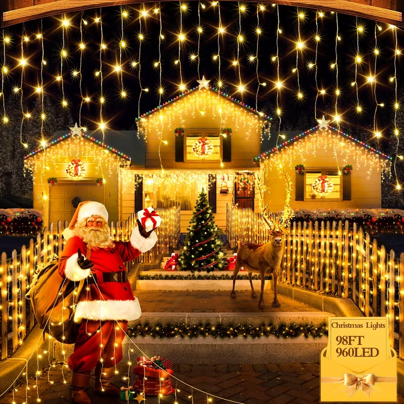 FLVOECN Outdoor Christmas Fairy Lights, 8 Lighting Modes, Waterproof Plug-in String Lights for Window, Roof, Curtain (Warm White, 960LED 98FT)