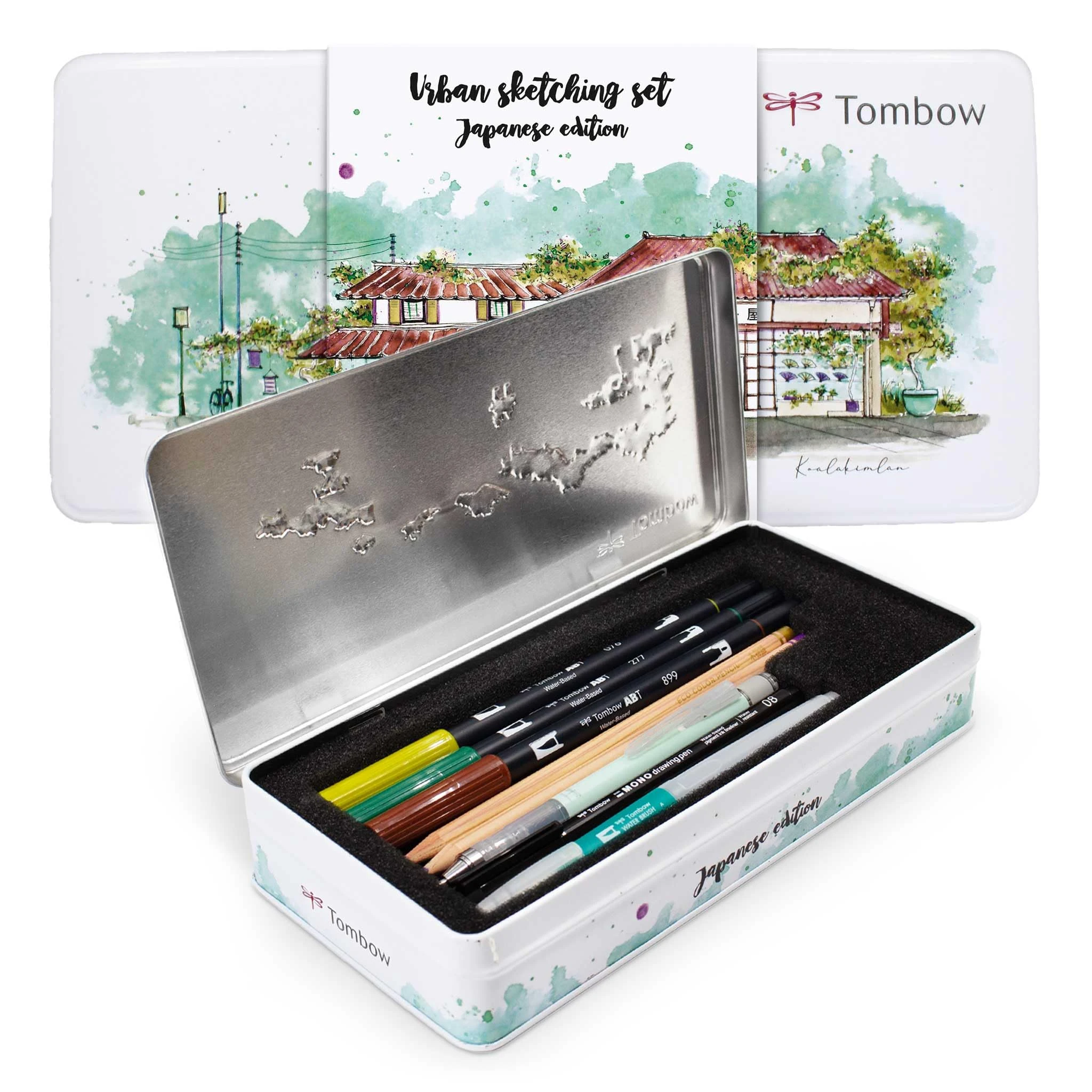 Tombow URBAN-SET2: Urban Sketching Set, Japan Edition Artist Pencils & Instructions, Brush Pens & Waterbrush for Watercolors, Metal Box