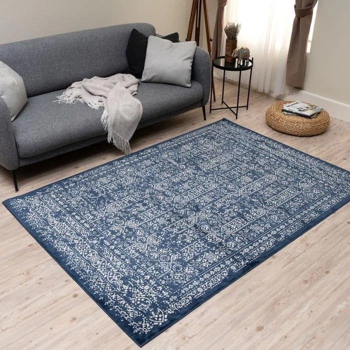 THE RUGS Montana Rug - Modern & Vintage Low Pile Area Rugs Living room, Bedroom, Kitchen, Soft Low Pile, Pet-Friendly, Easy to Clean [Vintage Navy, 200x290 cm]
