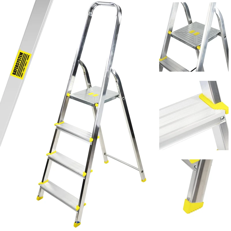Bayersystem BS-DA4 120 Step Ladder with 4 Steps, Aluminium Ladder, Maximum Working Height 2.78 m, Folding Step Ladder with Handrail, Non-Slip Feet, Folding Step for Household, Silver/Yellow