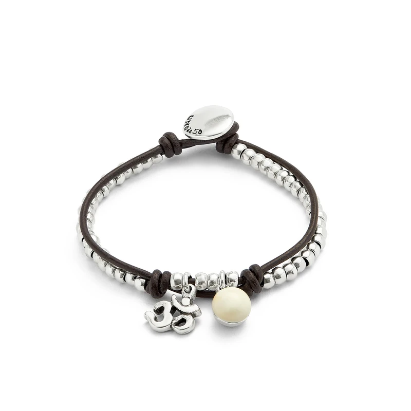 UNO DE 50 Bracelet in Alloy of Metal Plated in Silver of Sterling with Leather and Lens of Murano Ivory Min Perimeter 15,7