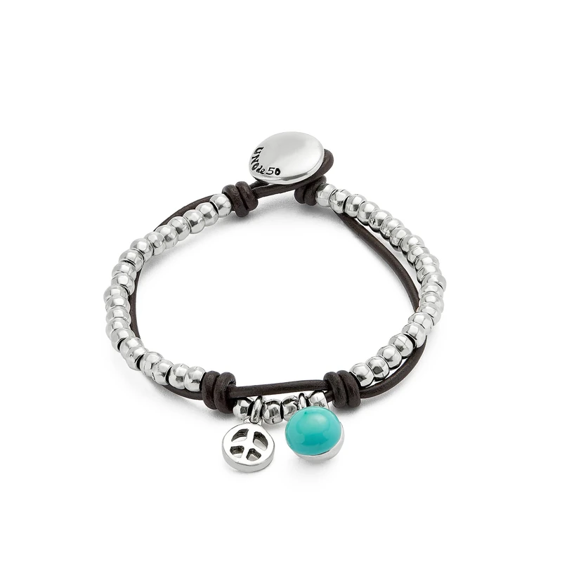 UNO DE 50 Bracelet of Bolas in Alloy of Metal Plated in Silver of Sterling with Leather and Murano Turquoise Min Perimeter 15,7