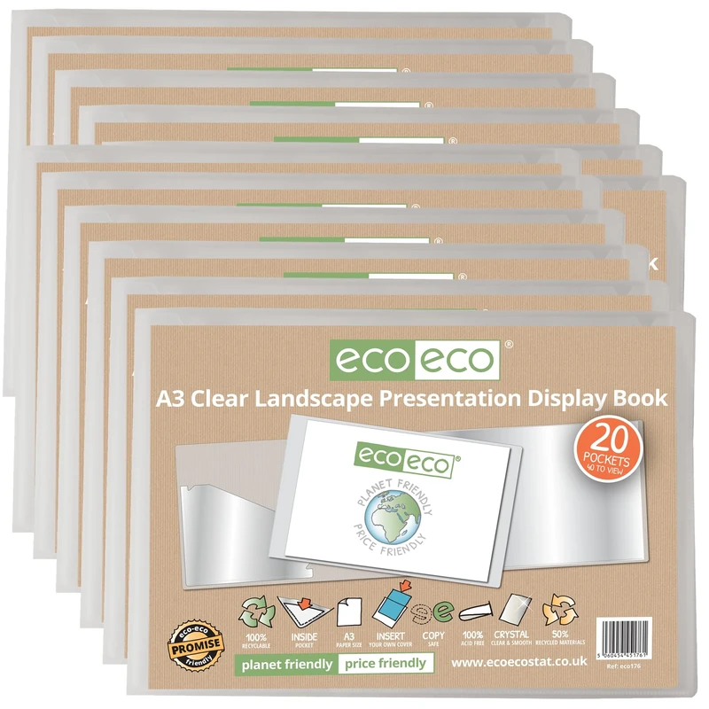 eco-eco A3 50% Recycled 20 Pocket Clear Landscape Presentation Display Book, Storage Case Portfolio Art Folder with Plastic Sleeves, Pack of 12, eco176x12