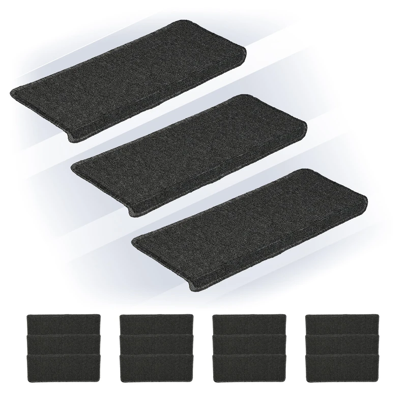 Relaxdays Stair Treads, Set of 15, Rectangular Step Mats, 65 x 24 cm, Self-Adhesive, Non-Slip, Carpet Runner, Dark Grey, Plastic - Image 1