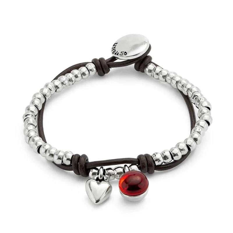 UNO DE 50 Bracelet of Bolas in Alloy of Metal Plated in Silver of Sterling with Leather and Lens of Murano Red Min Perimeter 15,7