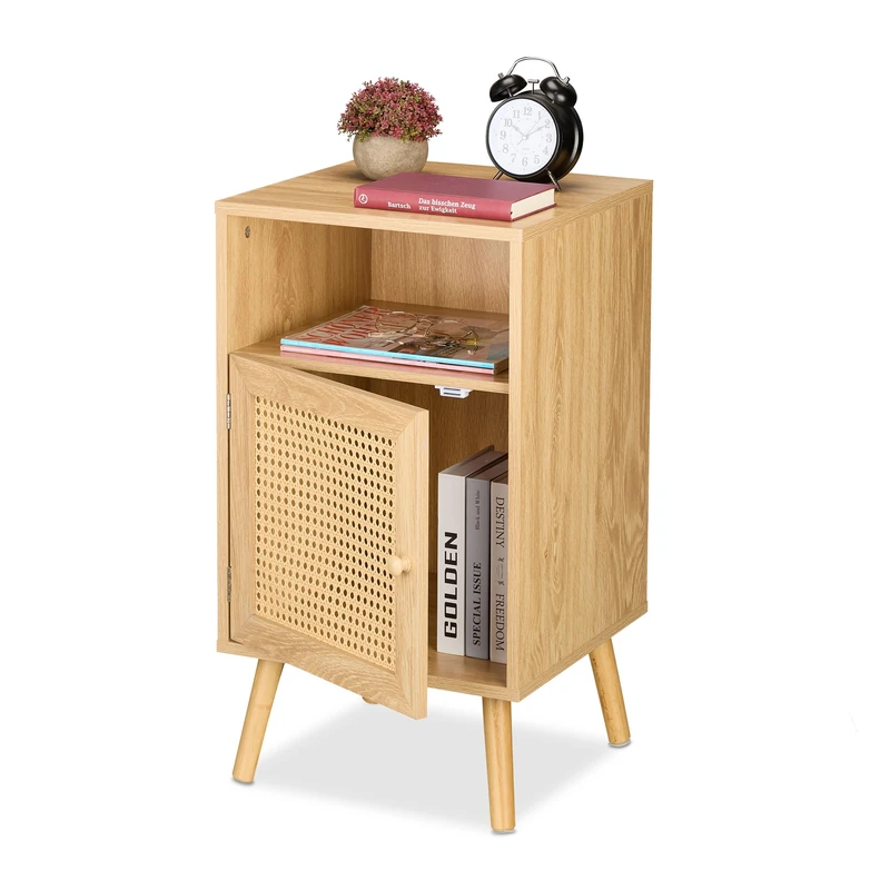Relaxdays Bedside Table, Rattan Door, Wood Effect, 72x40x39 cm, Open Shelf, Bedroom Nightstand, Side Cabinet, Natural, Fibreboard, Bamboo, Plastic