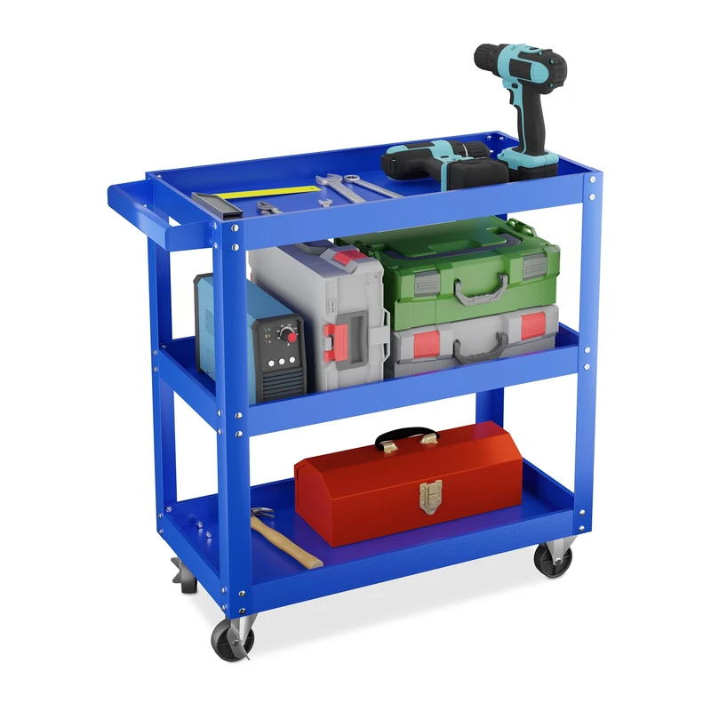 Relaxdays Tool Trolley, 3 Tiers, Workshop Cart, up to 100 kg, 76 x 78 x 35 cm, DIY Equipment, Garage & Mechanic, Blue, Iron, Steel, Rubber