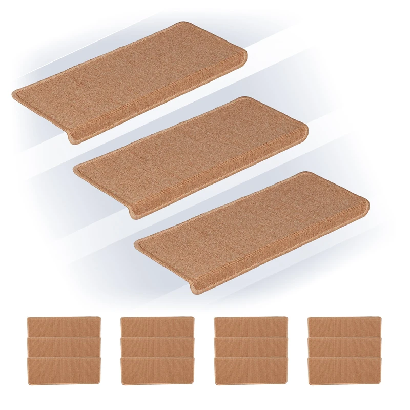 Relaxdays Stair Treads, Set of 15, Rectangular Step Mats, 65 x 24 cm, Self-Adhesive, Non-Slip, Carpet Runner, Beige, Plastic