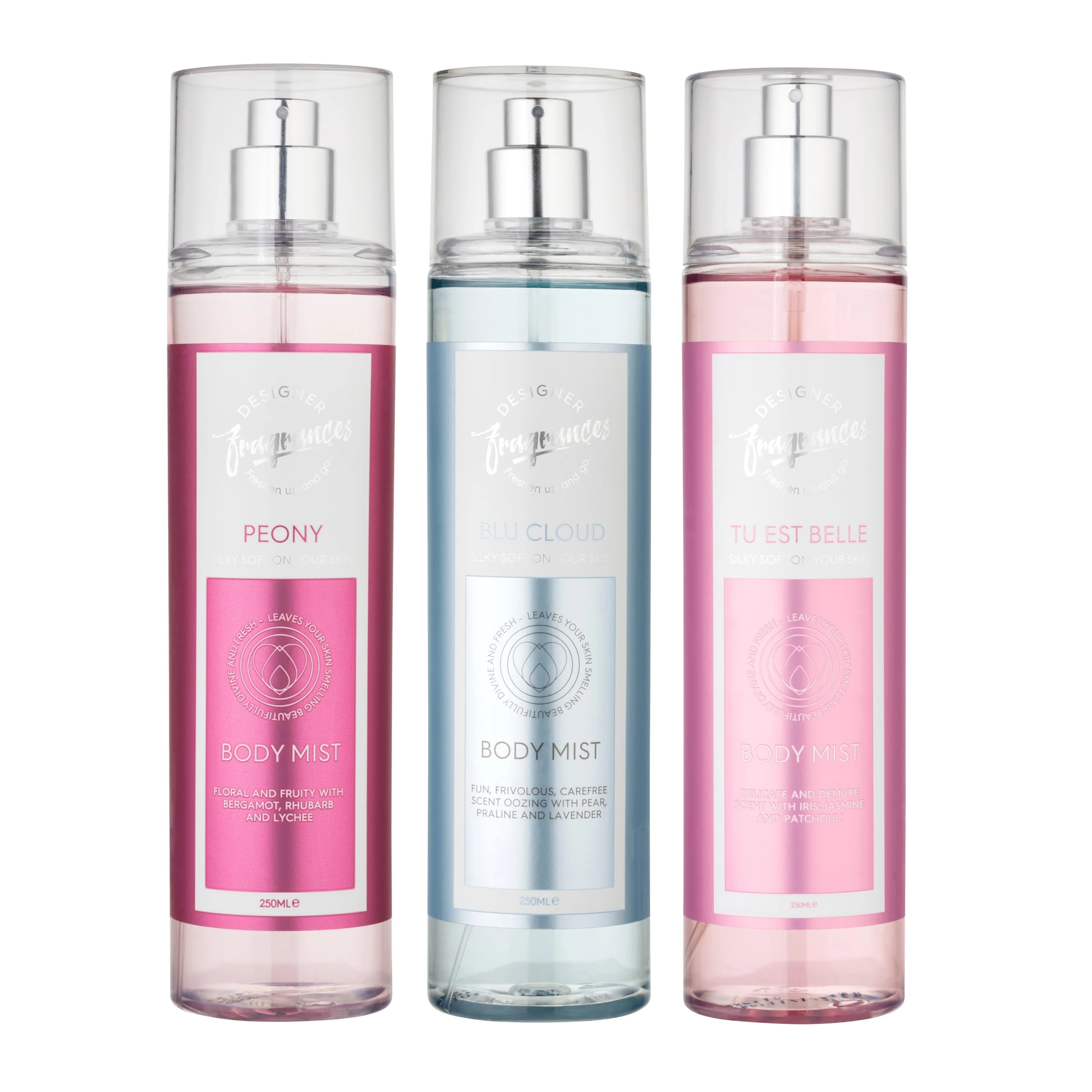Designer Fragrances 3 Pack Assorted Bundle - Tu Est Belle - Peony - Blu Cloud - Women's Feminine Body Mist Sprays - For Silky Soft, Beautifully Smelling Divine & Fresh Skin, Great Gifts - 250ml