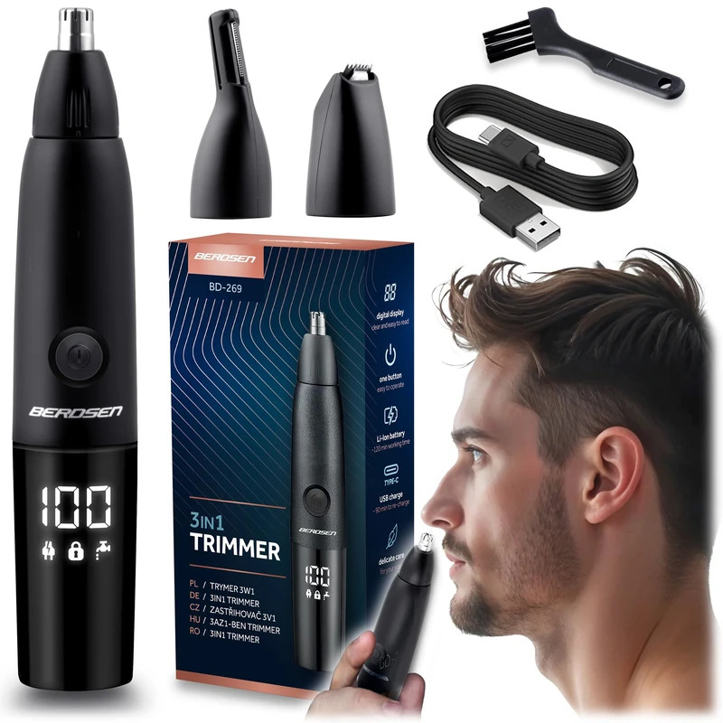 Berdsen Nose Hair Trimmer 3-in-1 Men's Electric Ear Hair Trimmer Precision Trimmer 3 Interchangeable Heads LCD Black