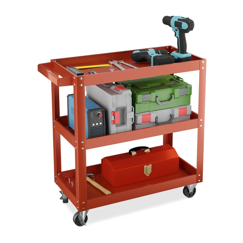 Relaxdays Tool Trolley, 3 Tiers, Workshop Cart, up to 100 kg, 76 x 78 x 35 cm, DIY Equipment, Garage & Mechanic, Red, Steel, Rubber, Iron
