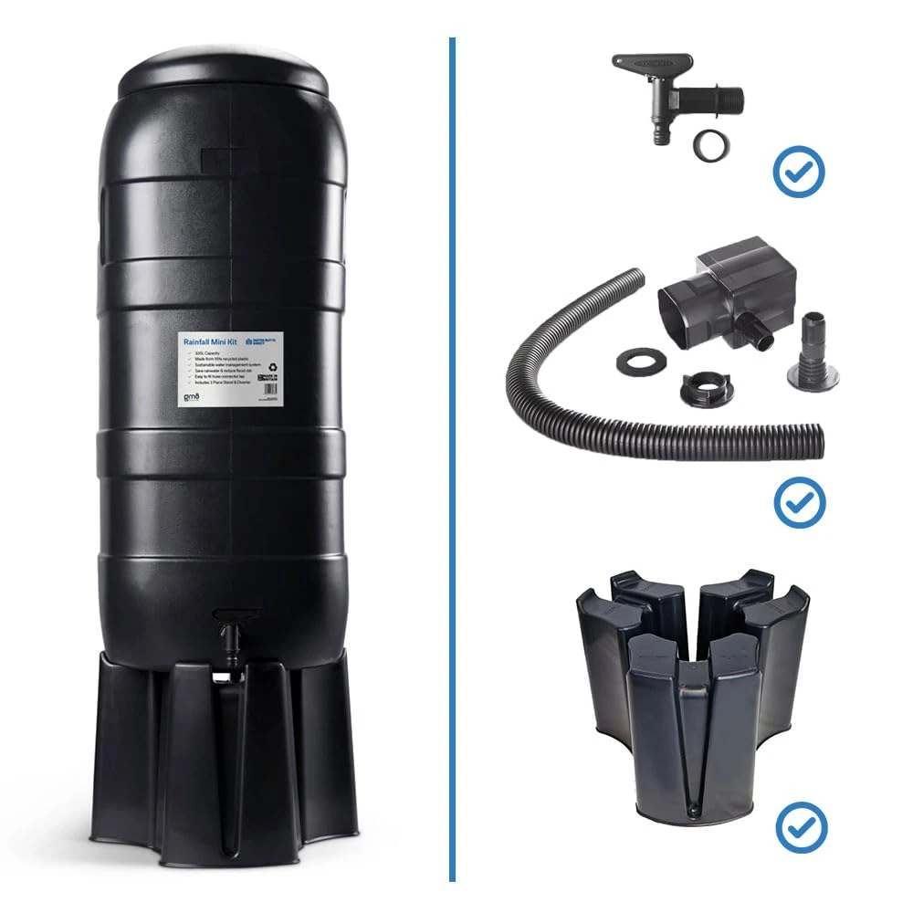 100L Slimline Black Rainfall Mini Water Butt Kit – Space Saving Rainwater Water Butt Complete with Stand, Lid, Hose Connect Tap & Rain Diverter for Garden Water Storage – UK DESIGNED AND MANUFACTURED