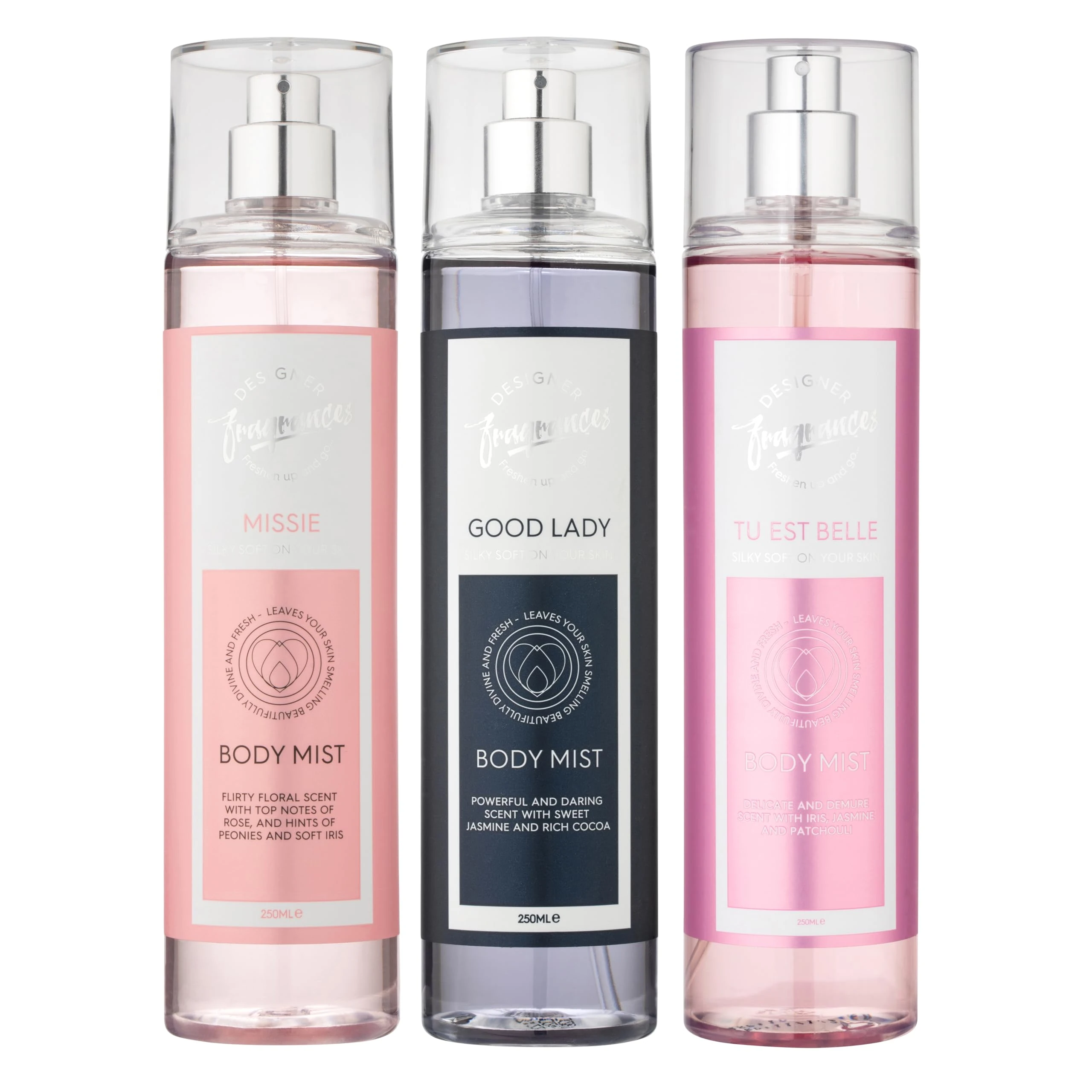 Designer Fragrances 3 Pack Assorted Bundle - Tu Est Belle - Good Lady - Missie - Women's Feminine Body Mist Sprays - For Silky Soft, Beautifully Smelling Divine & Fresh Skin, Great Gifts - 250ml