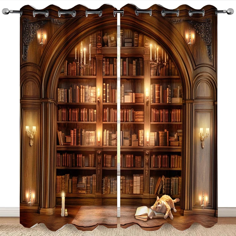 MissHope Vintage Bookshelf Blackout Curtains Book Bookcase Decor Bedroom Study Classroom Living Room Darkening Grommet Window Drapes 2 Panel Set, 42x63 Inch