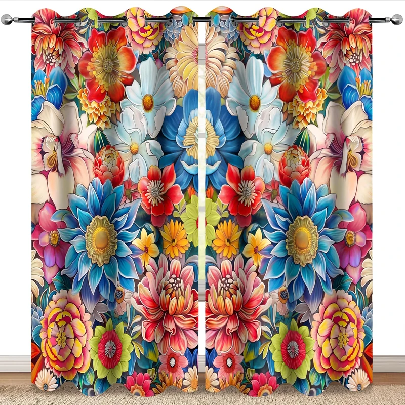 MissHope Boho Flower Floral Blackout Curtains Vintage Colorful Flowers Retro Elegant Decor for Mom Wife Women Girls Bedroom Living Room Darkening Grommet Window Drapes 2 Panel Set, 52x84 Inch