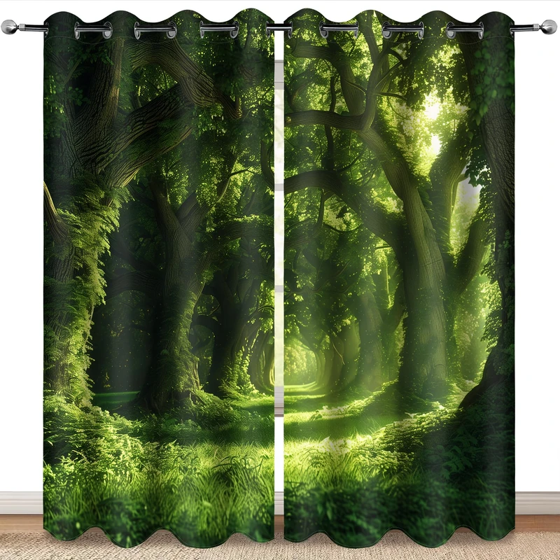 MissHope Green Tree Forest Blackout Curtains Wild Green Scenery Sunshine Decor for Bedroom Study Classroom Living Room Darkening Grommet Window Drapes 2 Panel Set, 52x84 Inch