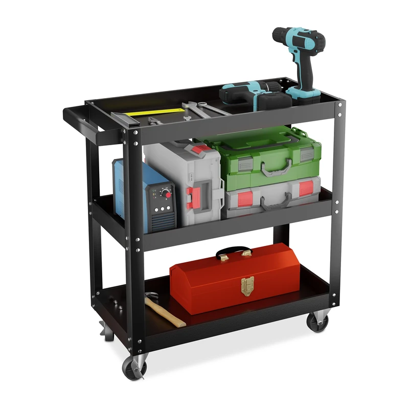 Relaxdays Tool Trolley, 3 Tiers, Workshop Cart, up to 100 kg, 76 x 78 x 35 cm, DIY Equipment, Garage & Mechanic, Black, Rubber, Iron, Steel
