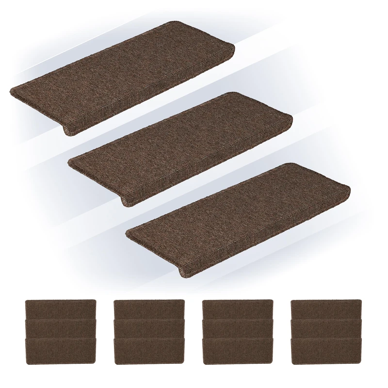 Relaxdays Stair Treads, Set of 15, Rectangular Step Mats, 65 x 24 cm, Self-Adhesive, Non-Slip, Carpet Runner, Dark Brown, Plastic