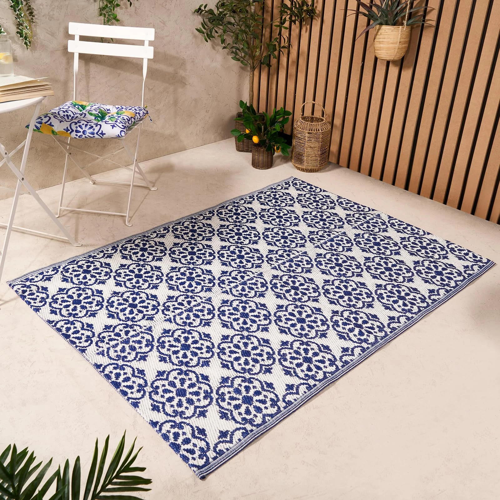 OHS Blue Outdoor Rug For Garden Tile Print, Waterproof Foldable Patio Rug Reversible Decking Outdoor Carpet Non-Slip Area Rug For Balcony or Poolside, 80x150cm