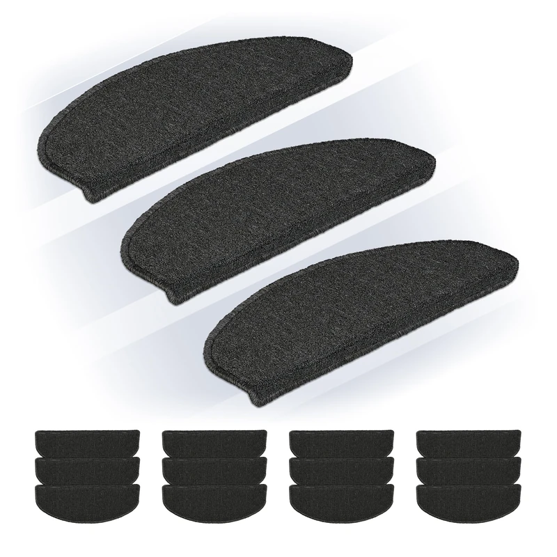 Relaxdays Stair Treads, Set of 15, Rounded Step Mats, 65 x 24 cm, Self-Adhesive, Non-Slip, Carpet Runner, Dark Grey, Plastic