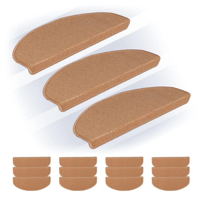 Relaxdays Stair Treads, Set of 15, Rounded Step Mats, 65 x 24 cm, Self-Adhesive, Non-Slip, Carpet Runner, Beige, Plastic