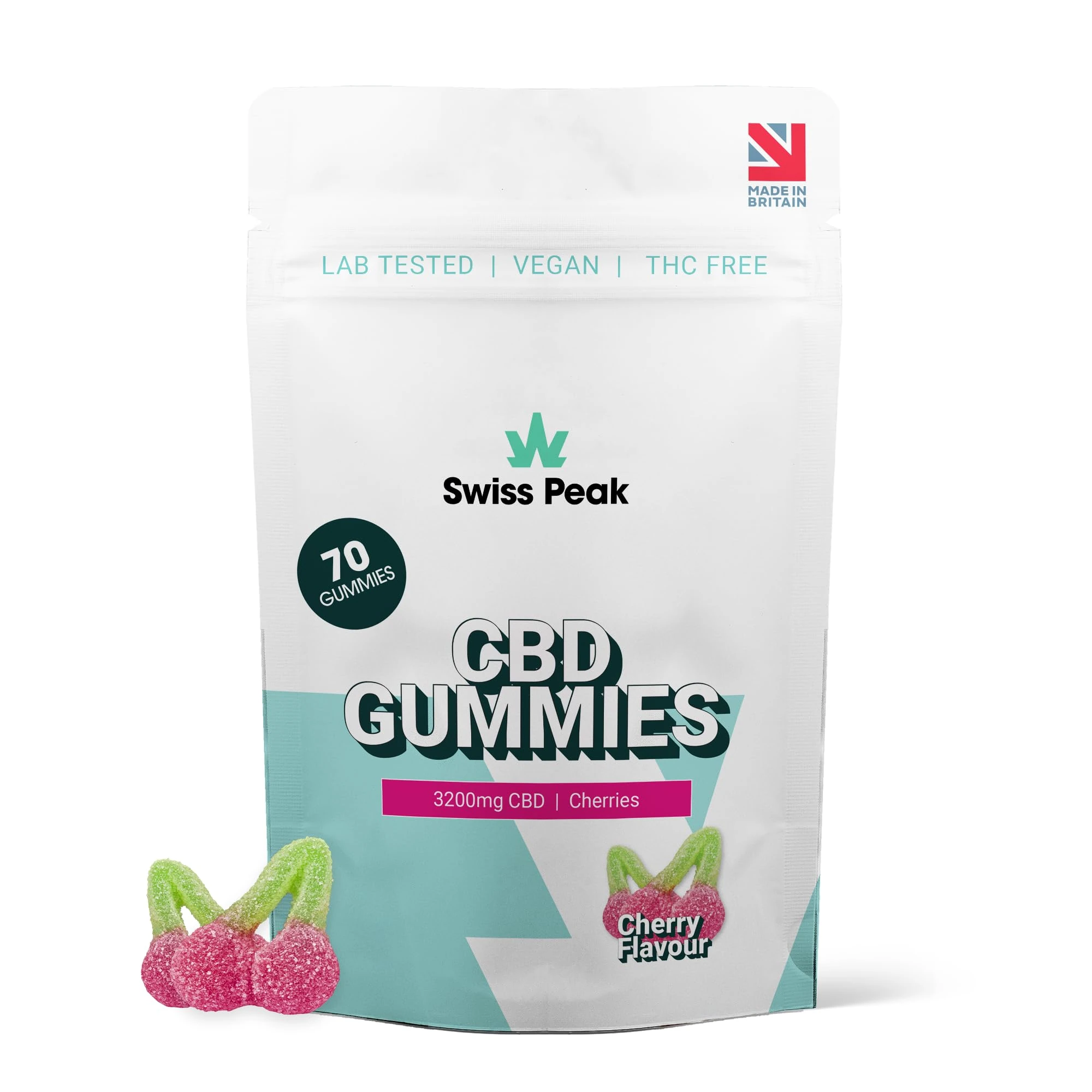 Swiss Peak, High-Strength 3200mg CBD Cherry Flavoured Gummies, 70 Gummies Per Tub, Non-GMO, All Natural & No THC, Vegan, Gluten-Free | UK-Made