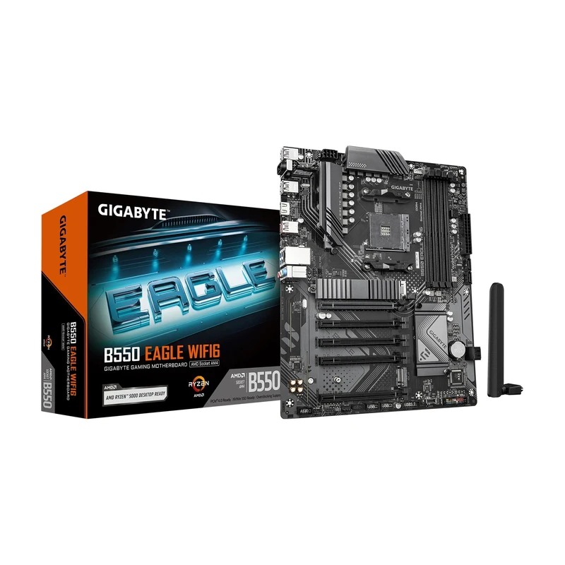 Gigabyte B550 EAGLE WIFI6 Motherboard - AMD Ryzen 5000 G-Series CPUs, 10+3+1 Phases VRM, up to 3200MHz DDR4, 1xPCIe 4.0 + 1xPCIe 3.0 M.2, 1GbE LAN, WIFI 6, USB 3.2 Gen 2