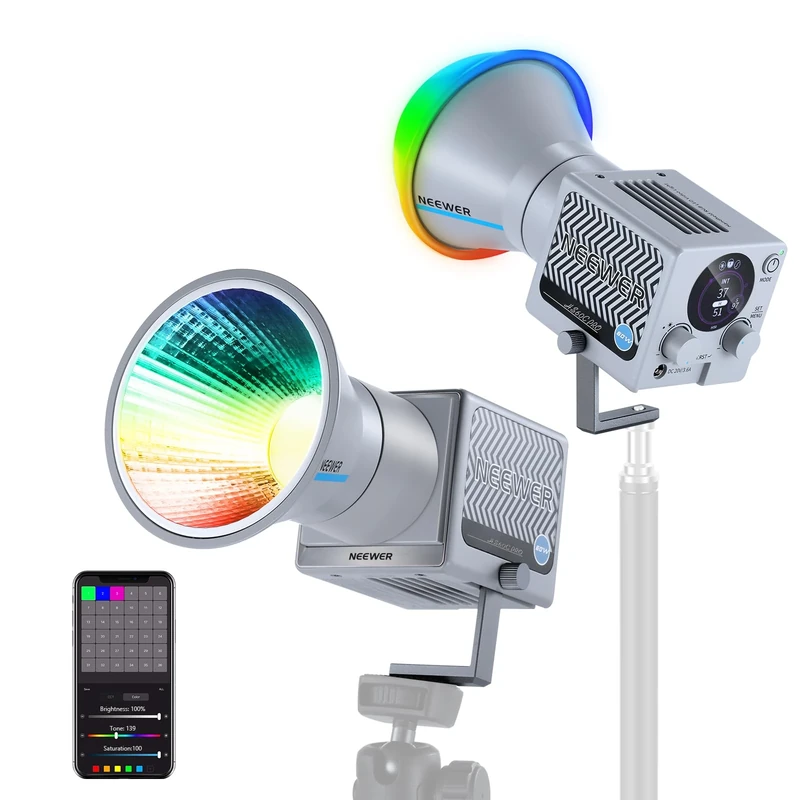NEEWER HS60C Pro 60W Portable RGB LED Video Light, APP DMX/Panel Control/Custom Effects/Light Group 8700Lx/1m 2700-6500K CRI97+ COB Continuous Output Lighting for Video Recording Studio Photography