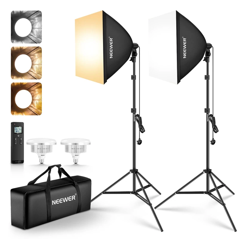NEEWER 2 Pack 24"x24" Softbox Lighting Kit with Tripod Stands, 45W Bi Color 2.4G LED Bulbs, 10 Channels 2900K-7000K 1400lx/m CRI95, 66'/20m Remote Control, Photography Continuous Lighting Kit, NK103