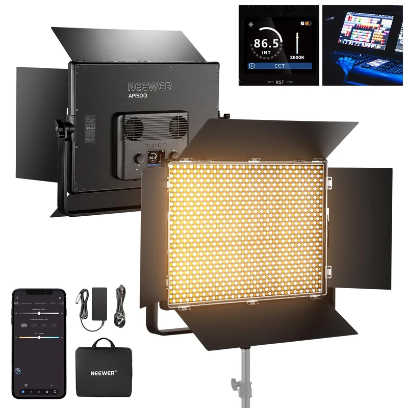 NEEWER 150W Bi Color LED Panel Video Light Kit, 1440 LEDs 49500Lux@0.5m 2500K-8500K CRI96+/TLCI97+ 0-100% Dimming APP/2.4G/Panel/DMX Control for Pro Studio Photography Recording Stage Lighting, AP150B