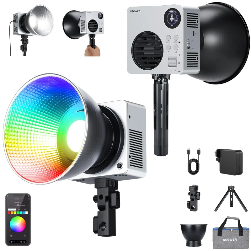 NEEWER 80W RGBWW LED Video Light with 72Wh Battery, 100W PD Fast Charger, APP/2.4G Control, 10400lux/m 2500K-7500K, Mini RGB Bowens Mount Studio Photography Recording Continuous Output Lighting, HB80C