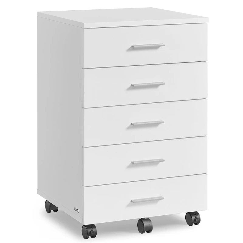 VASAGLE Rolling Filing Cabinet, Pedestal File Cabinet with Wheels, Printer Stand with 5 Drawers, Tool-Free Sliding Rails, for Study, Home Office, Cloud White OFC081W01