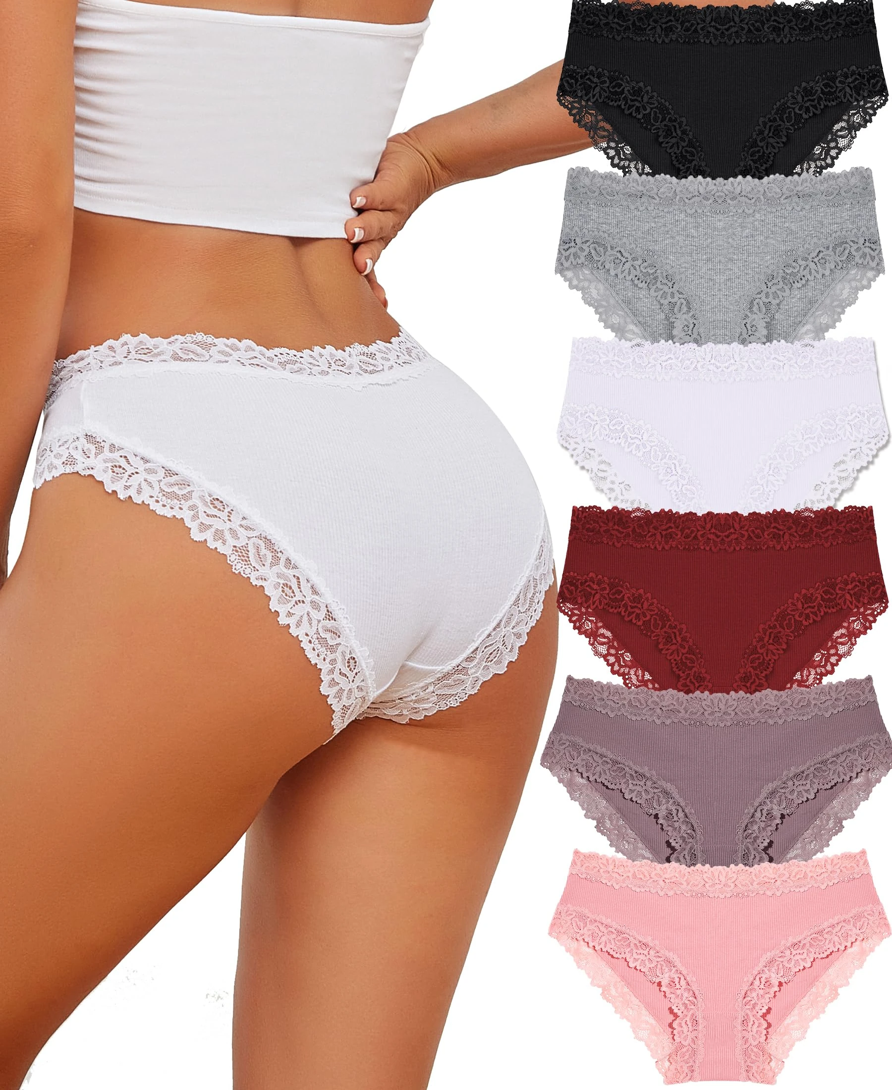 ALL OF SHE 6 Pack Cotton Underwear Women Brazilian Slip Lace Underpants Ladies Panties Sexy Hipster Cheeky Women Underwear,M