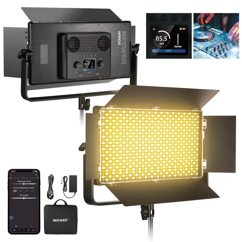 NEEWER 100W Bi Color LED Panel Video Light Kit, 960 LEDs 38600Lux@0.5m 2500K-8500K CRI96+/TLCI97+ 0-100% Dimming, APP/2.4G/Panel/DMX Control for Pro Studio Photography Recording Stage Lighting, AP100B