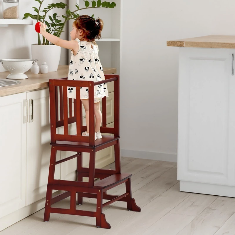 COSYLAND Toddler Kitchen Step Stool - Nursery Step Stool for Kids with Anti-fall Feet - Wodden Standing Tower for Kitchen Counter - Mothers' Helper Kids Learning Stool (Brown)