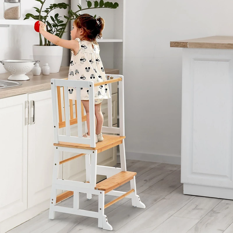COSYLAND Nursery Step Stool for Kids with Anti-fall Feet - Wodden Toddler Standing Tower for Kitchen Counter - Mothers' Helper Kids Learning Stool for Bathroom (White & Natural)