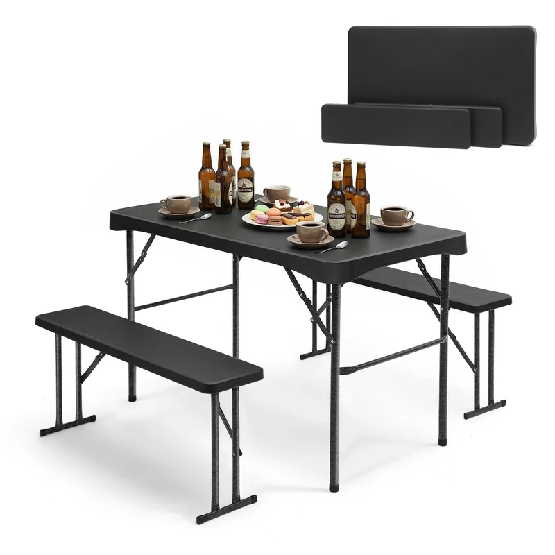 Sekey Beer Tent Set Foldable Plastic | 113 x 61 cm Dining Table Set with 2 Benches for 4 People | Marquee Set for Indoor - Outdoor | Beer Table Set Garden (Black)