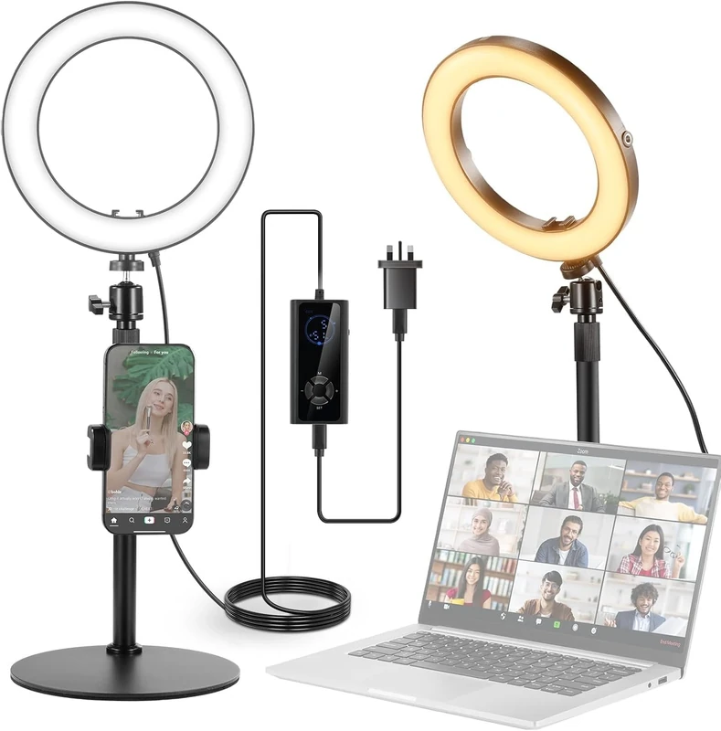 NEEWER 8" 18W High Power Desk Ring Light with Stand & Phone Holder, Circle Selfie Ringlight for iPhone Streaming Vlogging Recording, Video Conference Lighting Kit for Laptop Computer Zoom Call, RH8B
