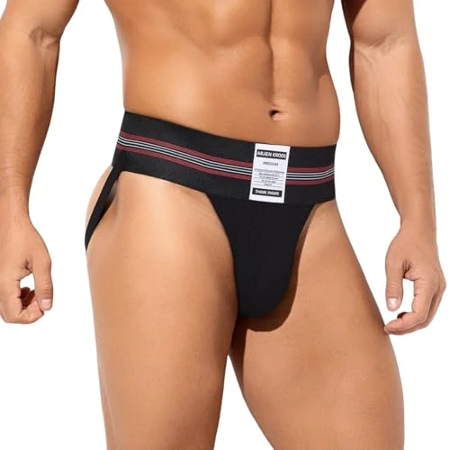 Arjen Kroos Men's Jockstrap Sexy Jock Strap Low Rise Underwear Briefs Athletic Supporter Sports Pouch Thongs with Wide Belt,BLACK,L