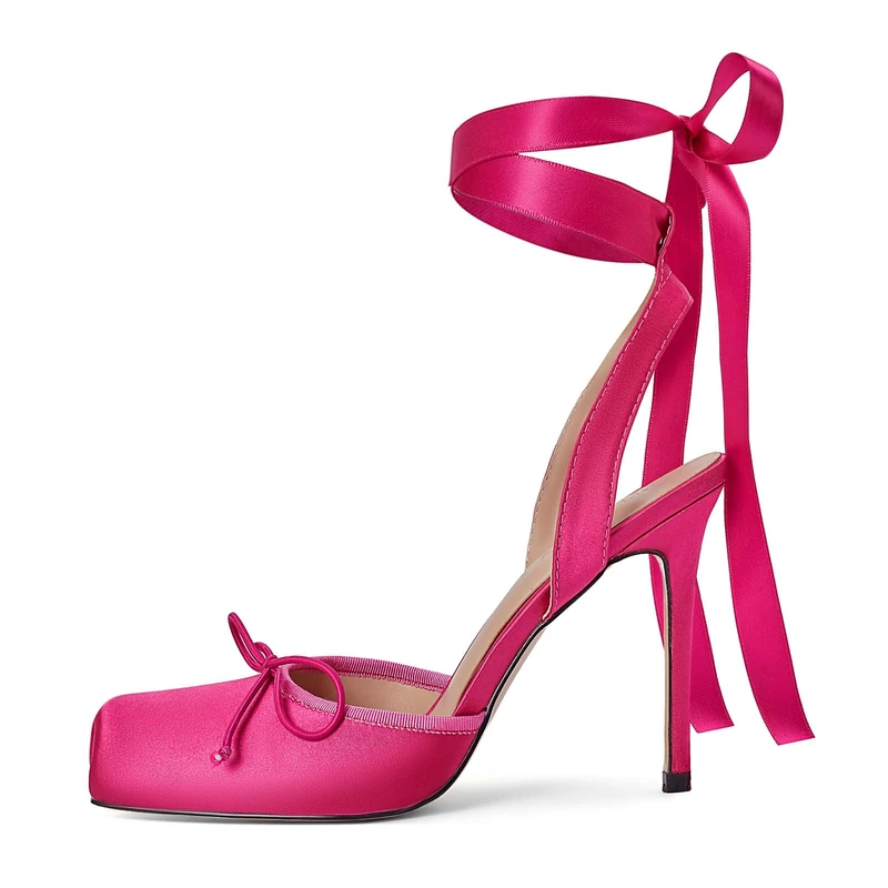 Vertundy Women's Satin Ballet Heels Lace Up Square Toe Stiletto High Bow Ballerina Heels, Pink, 5 UK