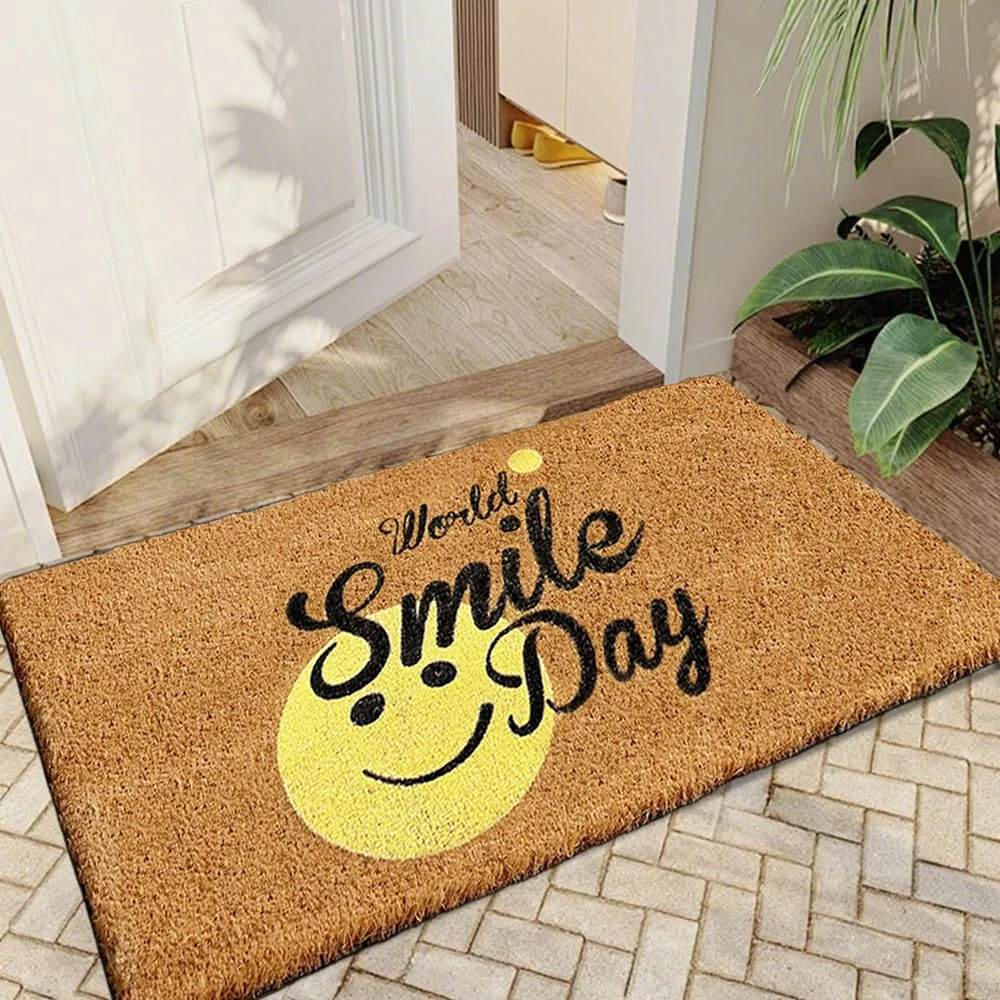 Qingbei Rina Outdoor Door Mat with Smile Day,40x70cm Coir Front Door Mat Outside Non Slip Backing,Large External Door Mats