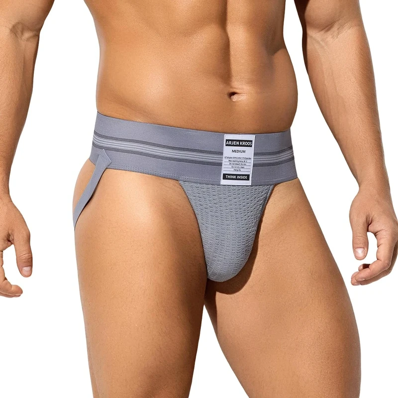 Arjen Kroos Men's Jockstrap Sexy Jock Strap Low Rise Underwear Briefs Athletic Supporter Sports Pouch Thongs with Wide Belt,GREY,L