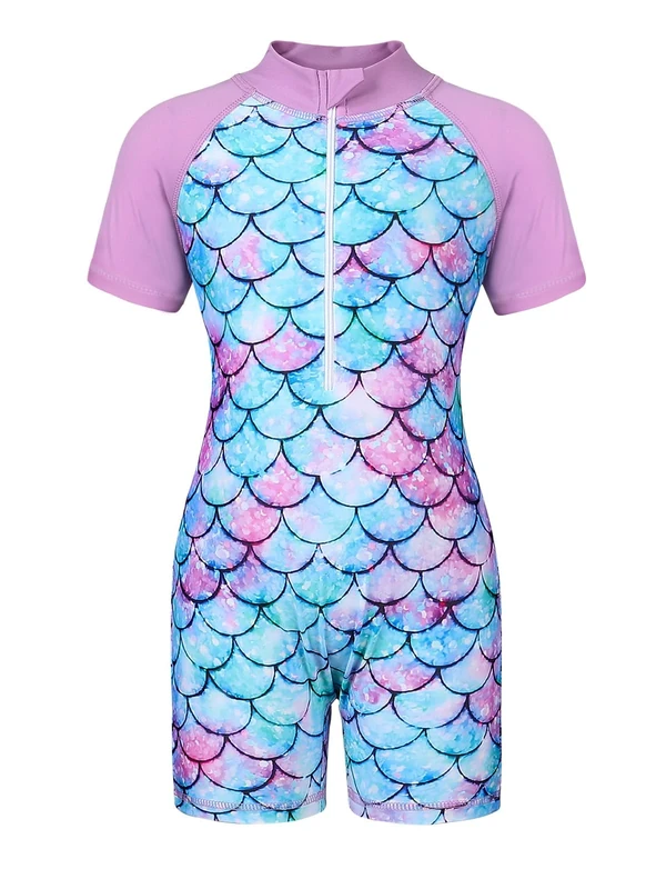 AmzBarley Mermaid Swimming Costume Girls Swimsuit Little Child Short Sleeve Rash Guard Kids One-Piece Swimwear Beach Holiday Swimsuits Purple Age 7-8 Years Size 130