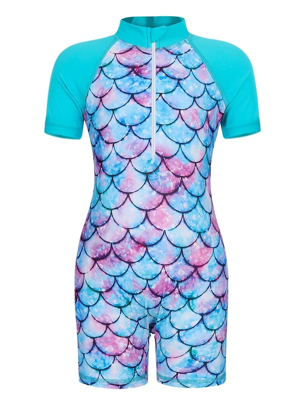 AmzBarley Mermaid Swimming Costume Girls Swimsuit Little Child Short Sleeve Rash Guard Kids One-Piece Swimwear Beach Holiday Swimsuits Blue Age 7-8 Years Size 130