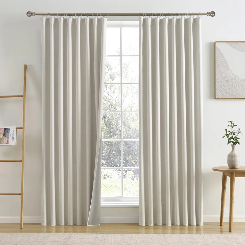 RAIN CITY 92 Inch Long Black Out Curtains 2 Panels Custom Drapery Neutral Blackout Pleated Ceiling Track Curtain for Dining Room Linen Textured Back Tab with Hooks 50"x92"