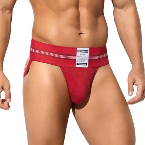 Arjen Kroos Men's Jockstrap Sexy Jock Strap Low Rise Underwear Briefs Athletic Supporter Sports Pouch Thongs with Wide Belt,RED,L