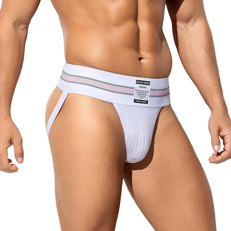 Arjen Kroos Men's Jockstrap Sexy Jock Strap Low Rise Underwear Briefs Athletic Supporter Sports Pouch Thongs with Wide Belt,WHITE,L