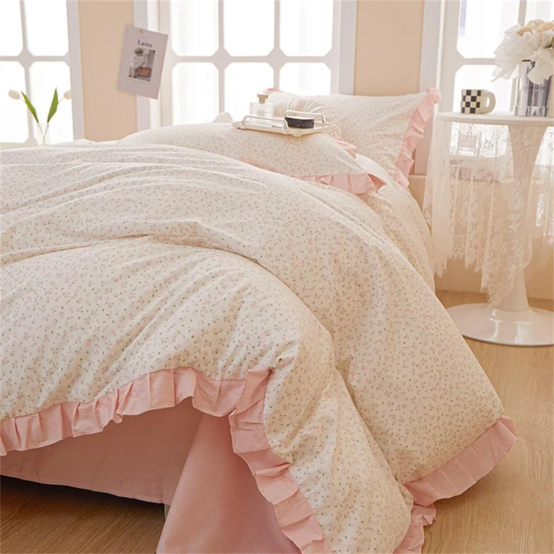 MKXI Queen Size Small Floral Ruffle Comforter Set - 3 Piece Countryside Floral Comforter with Pillow Shams, Reversible White Pink Princess Bedroom Collection, Soft Aesthetic Bedding Set for Teen Girls